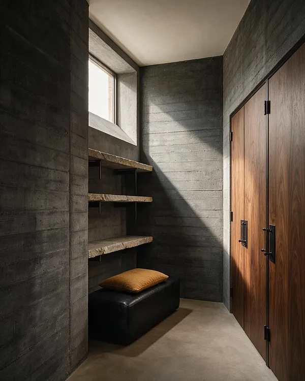 A narrow Brutalist-style closet with dark board-formed concrete walls, a small high window, and three thick stone shelves supported by slim brackets. A black upholstered bench with a mustard cushion sits below the shelves, while tall walnut closet doors with black handles line the right side.