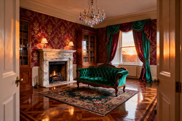 A formal Victorian living room features deep burgundy damask walls, a white‑veined marble fireplace with a live fire, and glass‑front mahogany bookcases with shaded sconces. At center, an emerald green tufted velvet sofa sits on a floral rug over polished parquet floors, while teal and crimson drapes with gold trim frame a sunset‑lit window beneath a crystal chandelier; brass door hardware and hearth tools add period details.