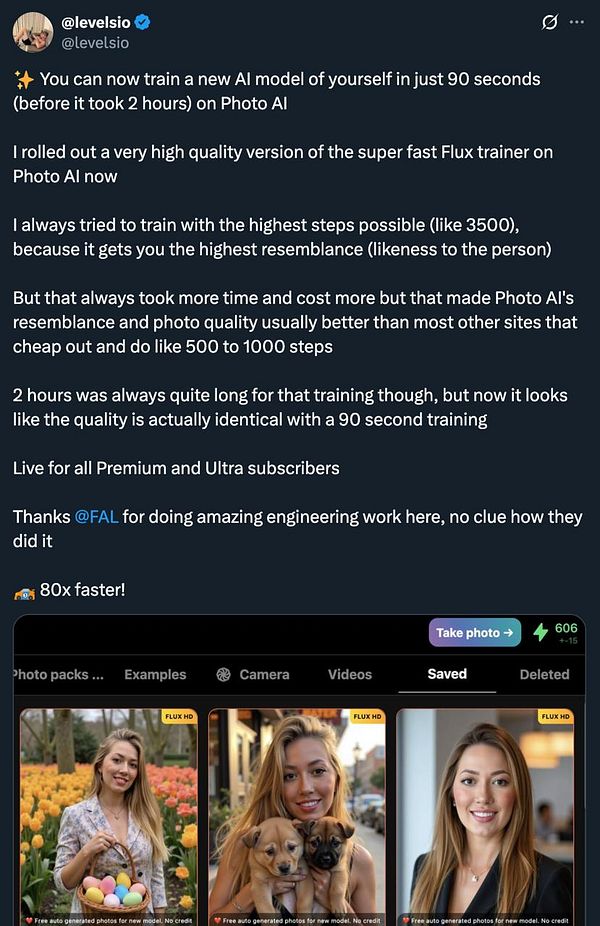 The image features a social media post announcing a new AI training feature on Photo AI.