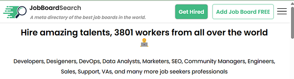 The image features a promotional banner for JobBoardSearch highlighting the availability of 3,801 worker profiles.