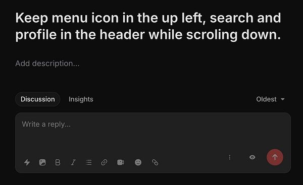 Screenshot of a task description area with an instruction about UI design and a reply input box with formatting options on a dark-themed interface.