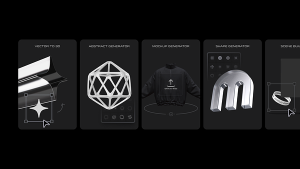 The image features a series of dark-themed 3D toolset cards showcasing various design generators.