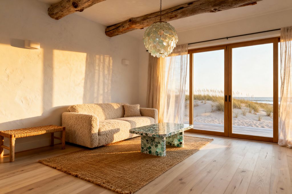 A sunlit coastal living room with textured white plaster walls and weathered timber ceiling beams, where a cream boucle sofa sits on a chunky jute rug beside a woven bench. Large wood-framed sliding doors open to sandy dunes and the ocean beyond, with sheer linen curtains drifting in the light, a rectangular sea-glass mosaic coffee table at center, and a capiz shell globe pendant catching the warm golden-hour glow.