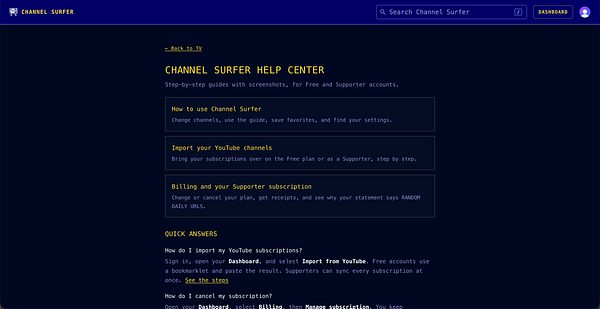 A dark-themed help center page for the Channel Surfer app featuring navigation links, help topics, and quick answers with a search bar at the top.
