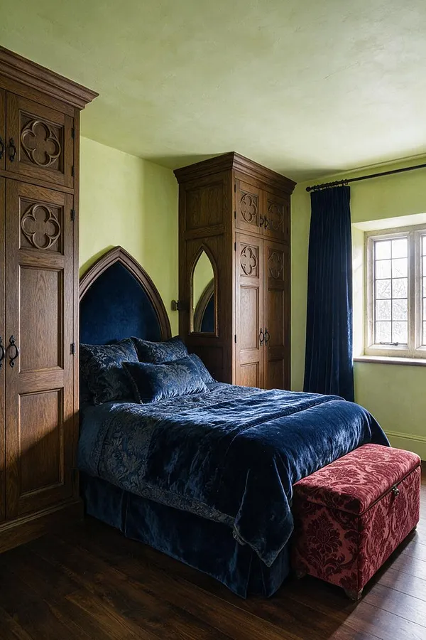 A Gothic-style master bedroom with a dark blue velvet bed, pointed arched headboard detail, and two tall carved wooden wardrobes flanking the bed. The room has pale green walls, a small leaded window with dark curtains, dark wood flooring, and a red patterned storage bench at the foot of the bed.