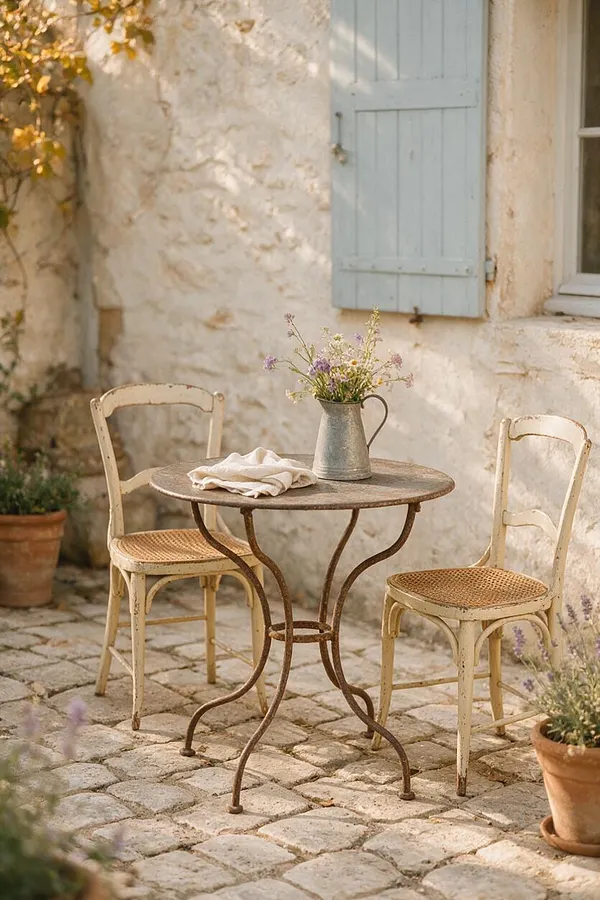 A small French Country patio with a round weathered bistro table, two cream-painted wooden chairs with woven cane seats, and a metal pitcher of wildflowers. The space features pale stone walls, blue shutters, terracotta pots, and cobblestone paving in warm natural light.