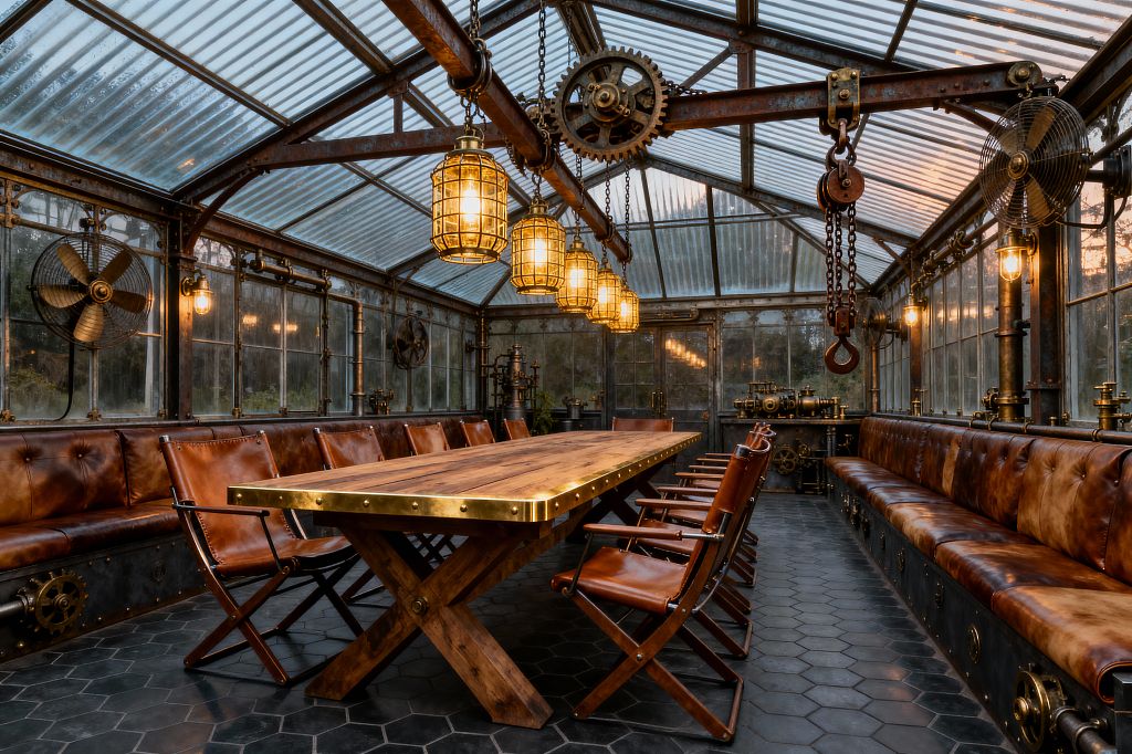 A glass-roofed conservatory dining room features a long wooden trestle table edged in brass and surrounded by folding wood-and-leather chairs, with deep cognac leather banquettes lining both sides. Overhead, cage pendants in aged brass hang from a pipe with gears, chains, and a hook, while exposed steel framing, fans, valves, and riveted panels sit above a charcoal hex-tile floor, warmed by amber light for a distinctly steampunk setting.