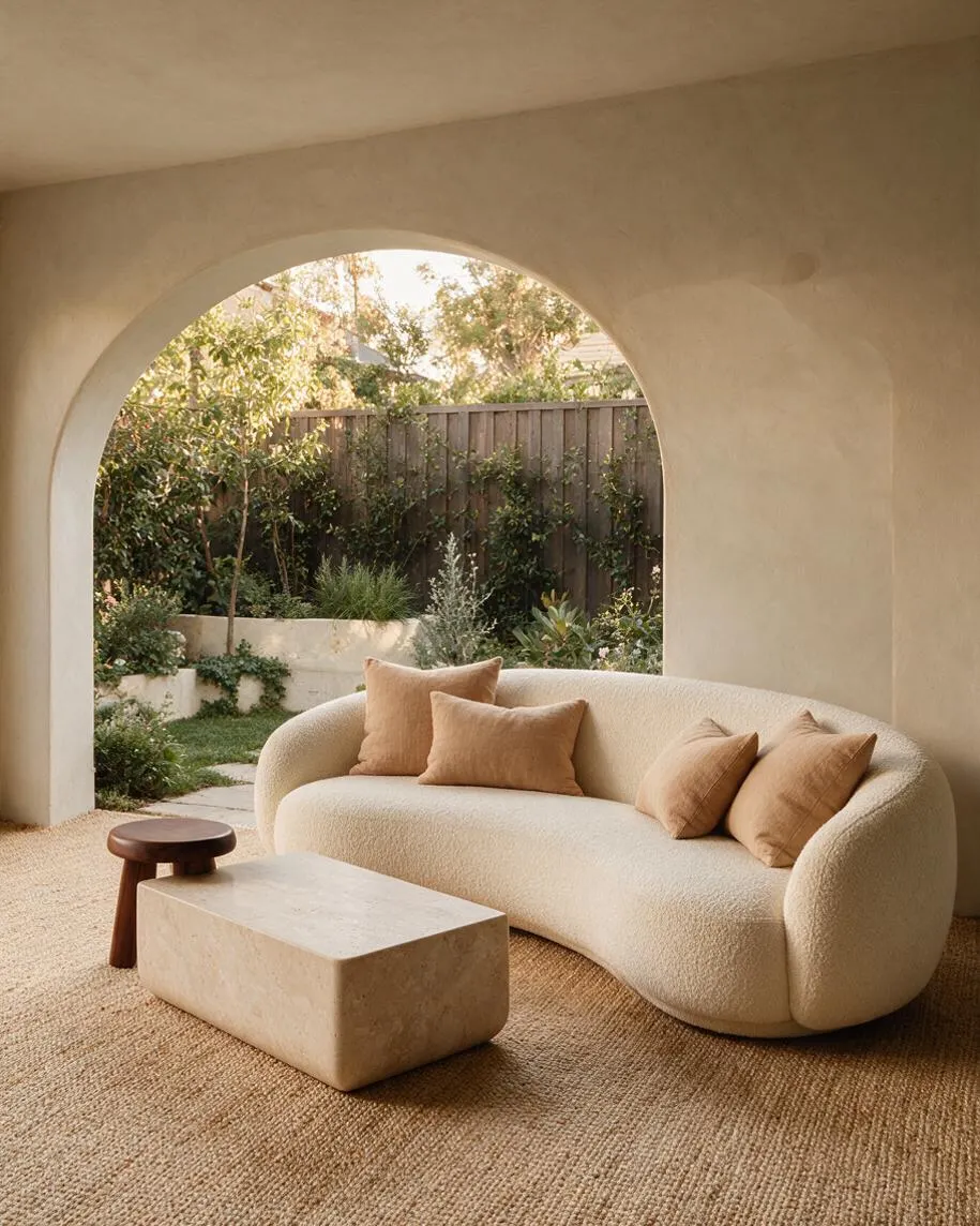 A serene patio with a rounded cream bouclé sofa, tan cushions, a rectangular stone coffee table, and a small wooden side stool on a woven jute rug. A large arched opening frames a lush garden with layered greenery and a timber fence beyond.