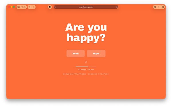 A simple web app interface asking the question 'Are you happy?' with two clickable buttons labeled 'Yes' and 'No'.