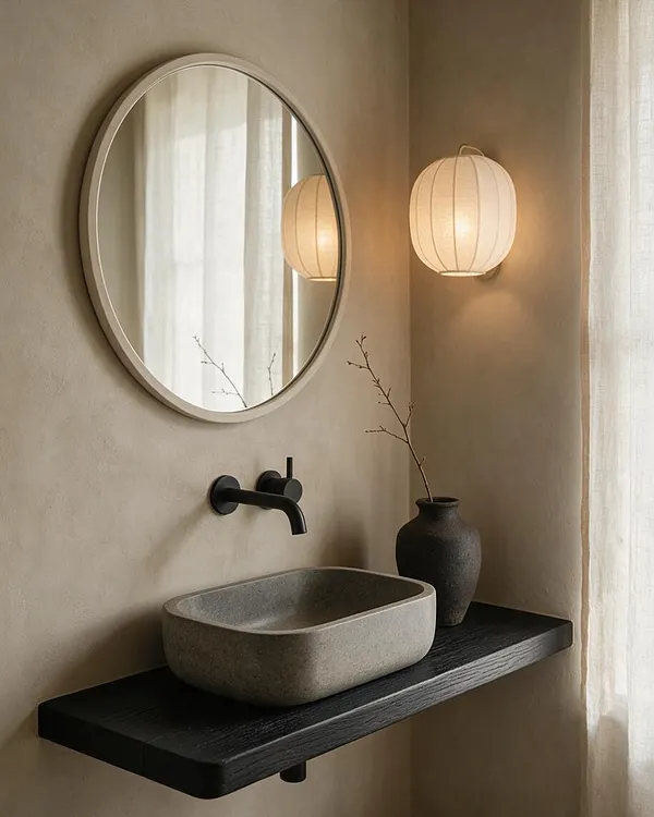 A minimalist Japandi bathroom with a round wall mirror, matte black faucet, and a shallow rectangular stone sink mounted on a dark floating shelf. Soft beige plaster walls, warm lantern-style sconces, sheer curtains, and a small black vase with bare branches create a calm, natural atmosphere.