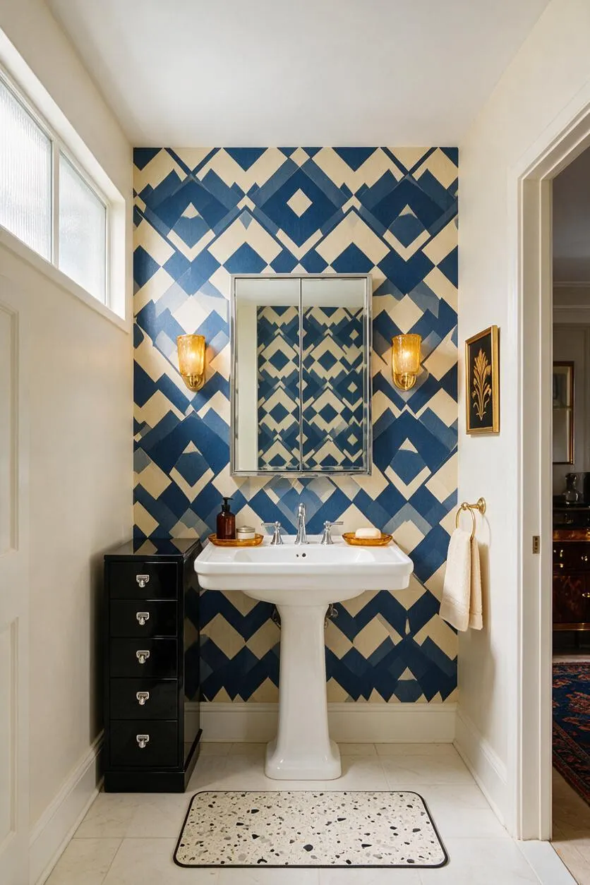 A narrow powder room features a white pedestal sink centered on a bold blue and cream geometric accent wall. A mirrored medicine cabinet, amber glass sconces, a black drawer tower, and a terrazzo-style rug complete the Art Deco-inspired space.