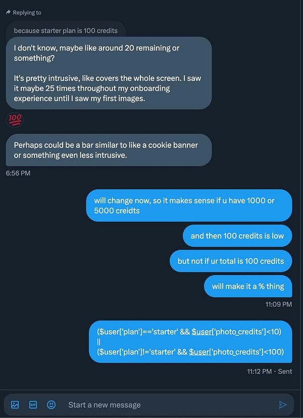 A conversation discussing the low credits alert for a starter plan in a messaging interface.