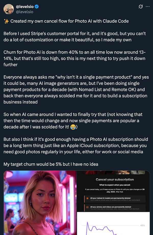 The image features a user interface for canceling a subscription to a Photo AI service, alongside a personal photo of a woman.