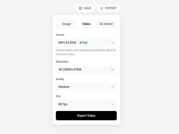 Screenshot of a design tool interface showing a 3D render of various export blocks with settings on the right panel.