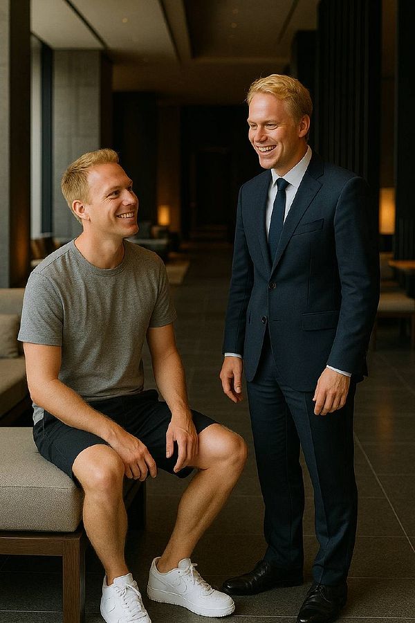 Two men are smiling and interacting in a hotel lobby.