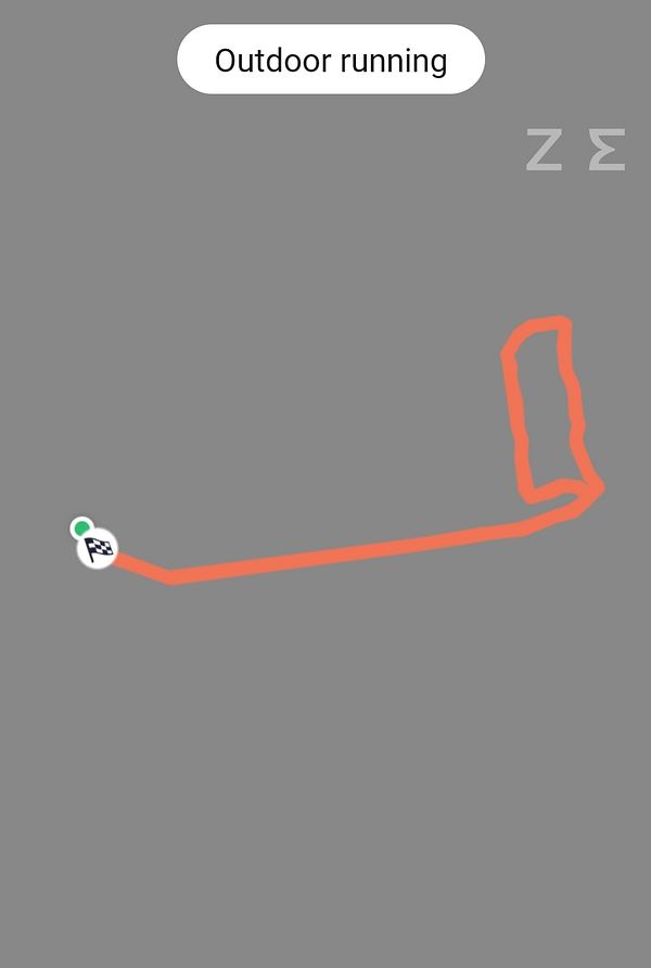 Map route of an outdoor running workout marked by a red line with start/finish icon.