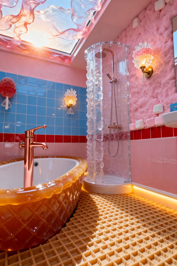 Playful bathroom with a waffle-pattern beige floor, a white freestanding tub edged in amber translucent resin, and a rose-gold faucet. A curved shower enclosure features bubble-textured clear panels and warm-metal hardware. Walls mix fluffy pink plaster with pink and blue ceramic tiles divided by a red stripe. Brass candy-like sconces glow beside a mirror and small sink. A skylight framed by a wavy pink resin panel floods the space with warm daylight and LED accent light.