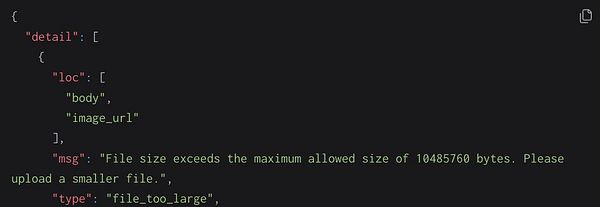 The image displays an error message related to file size limitations for uploading photos.