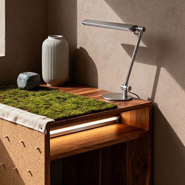 A sunlit Scandinavian home office vignette featuring a walnut desk with a cork pegboard side, topped by a moss desk pad. A ribbed light-gray ceramic vase and smooth gray stone sit near a brushed aluminum task lamp. An integrated warm-white LED strip illuminates the open shelf below. The backdrop is a warm beige plaster wall, with crisp shadows cast by natural light from a nearby window.