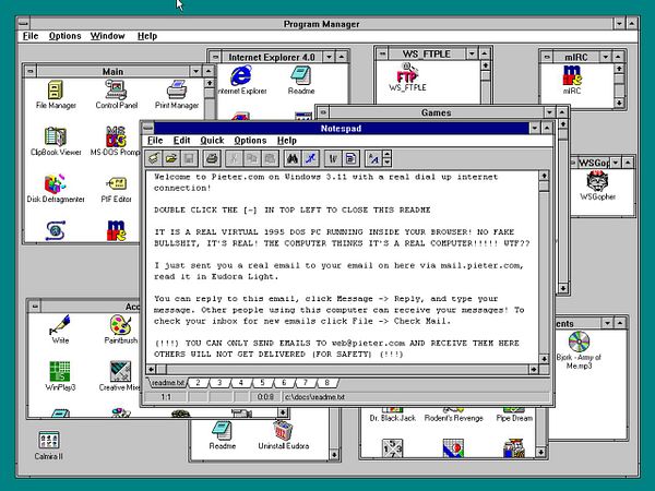 A vintage Windows 3.11 interface displaying a Notepad window with a README file.