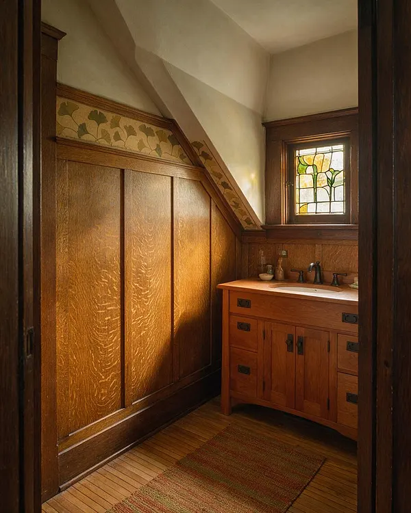 A narrow Craftsman-style powder room with rich wood wainscoting, a matching wood vanity, and a small leaded-glass window that filters warm light. The space features cream walls, dark trim, a black faucet, and a simple woven rug over a wood floor.