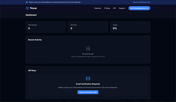 The image displays a user dashboard for the Tinyup service, showing various metrics and notifications.