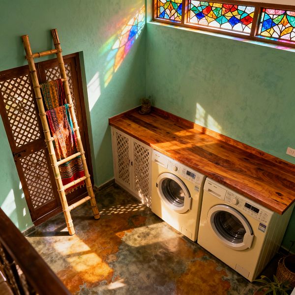 A bohemian laundry room with aqua plaster walls and a clerestory of multicolored stained glass casting rainbow light. A thick wood countertop runs above two cream front-loading machines and white lattice-front cabinets. A bamboo ladder leans against a wooden lattice door, holding colorful patterned textiles. The floor is mottled polished concrete, and a small plant sits on the counter, all illuminated by warm natural sunlight.