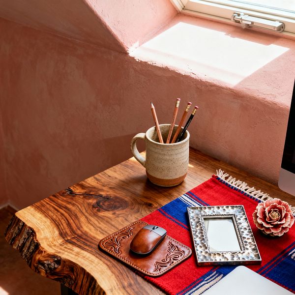 Close-up of a Southwestern home office desk under a window, showing a live-edge wood surface with a red woven serape runner featuring blue-and-white stripes and fringe. On the desk are a tooled leather mouse pad with a wireless mouse, a hammered tin photo frame, a small clay flower accent, and a speckled stoneware mug holding pencils. Warm sunlight washes a dusty terracotta plaster wall, with the corner of a computer monitor visible at right.