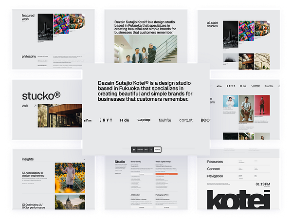 The image displays a collage of web pages from the design studio Kotei, showcasing their work and philosophy.