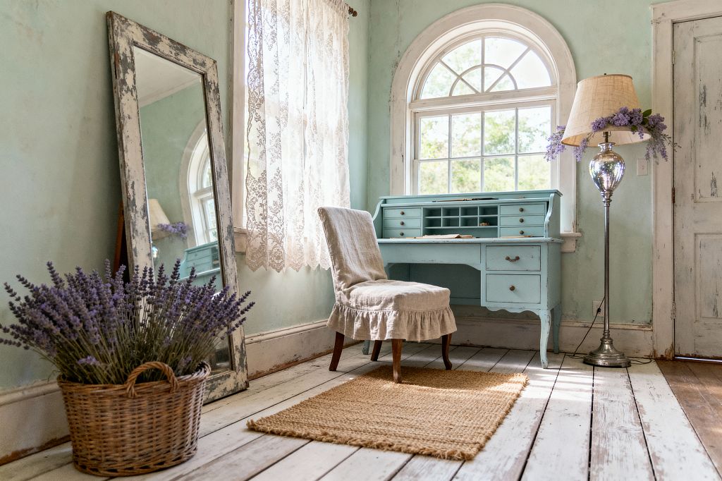 A sunlit shabby chic home office with a robin's-egg blue vintage secretary desk positioned under an arched window. Lace curtains filter the light onto a linen slipcovered chair and a small jute rug over weathered white plank floors. To the left, a tall distressed mirror leans against pale mint walls beside a wicker basket filled with lavender. A silver floor lamp with a linen shade trimmed with lavender sprigs stands near the desk.