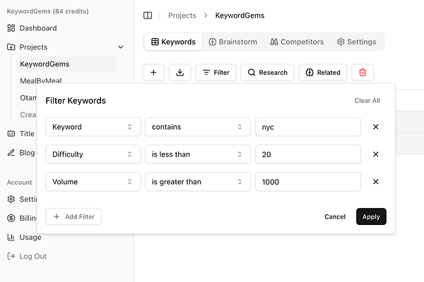 The image displays a user interface for filtering keywords in a project management tool.