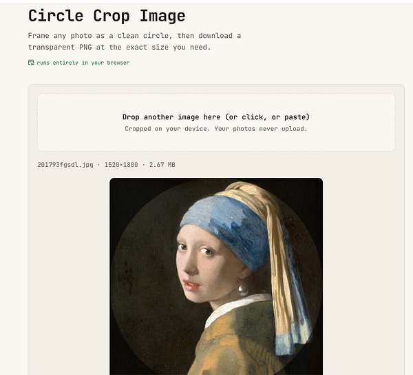 User interface of a Circle Crop Image tool with a circular cropped photo preview and image upload option.
