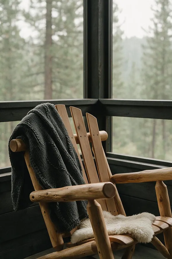 A rustic wooden chair sits on a screened porch, with a dark knit throw draped over the back and a cream sheepskin cushion on the seat. Large windows reveal a soft-focus forest view outside.