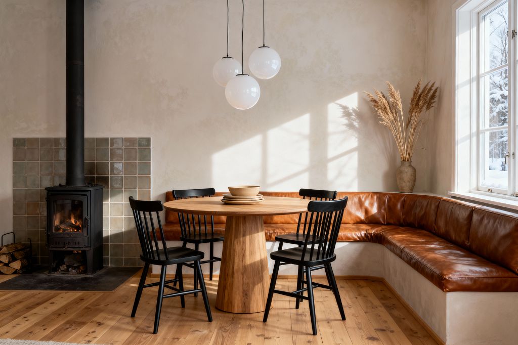 Sunlit Scandinavian dining nook with a round oak pedestal table surrounded by four matte black Windsor chairs and a curved built-in bench upholstered in cognac leather. A black cast-iron wood stove stands to the left on a dark hearth backed by sage-green ceramic tiles, while three white globe pendants hang above the table and a large window with snowy view illuminates the neutral plaster walls, pine floor, and a vase of dried grasses on the corner ledge.