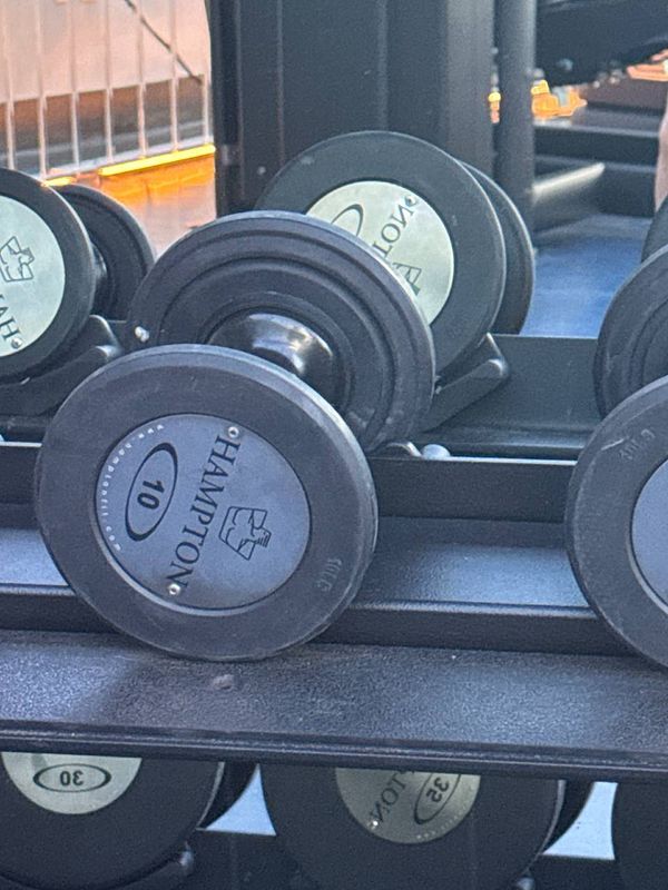 A close-up view of a rack of dumbbells in a gym setting.