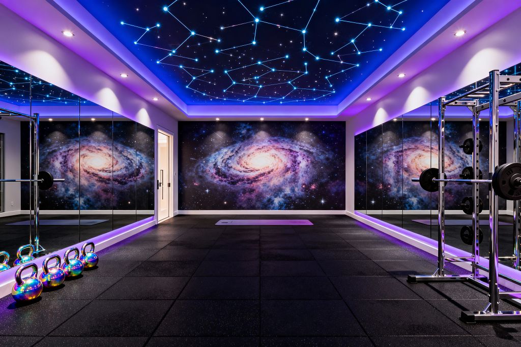 A home gym with galaxy murals spans the far wall and side walls, while mirrored panels line both sides. A recessed ceiling features fiber‑optic constellations and purple-blue LED cove lighting. The space includes a chrome power rack with black plates, iridescent kettlebells on the left, a central yoga mat, and black rubber tile flooring. Recessed spotlights and the star ceiling cast a cool, futuristic glow throughout the room.