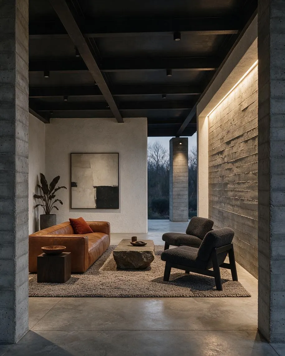 A covered front porch styled as a modern Brutalist lounge with exposed concrete columns, dark ceiling beams, and textured stucco and concrete walls. The space includes a tan leather sofa, two dark upholstered lounge chairs, a rough stone coffee table, a shaggy neutral rug, and warm linear lighting that highlights the raw materials.