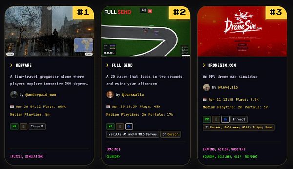 Screenshot of the VibeJam website displaying Drone Simulator as the third most played game.