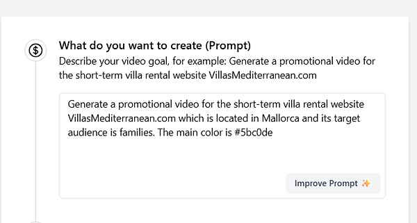 The image displays a user interface for creating a video prompt related to a promotional video project.