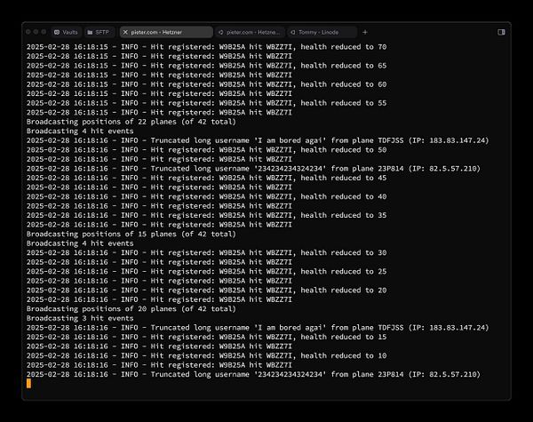 The image displays a terminal window showing log entries related to hit registrations and broadcasting events.