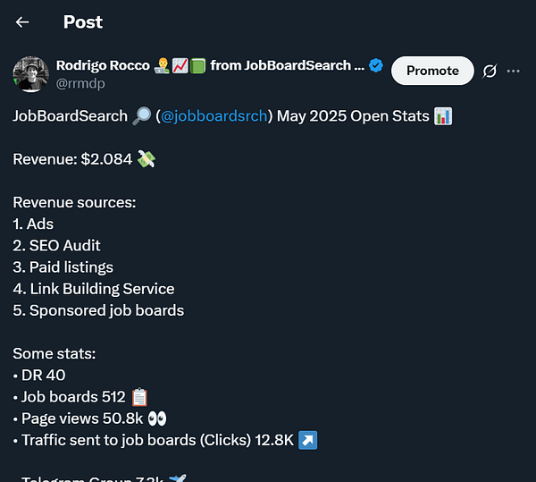 A Twitter post detailing the May 2025 open statistics for JobBoardSearch.