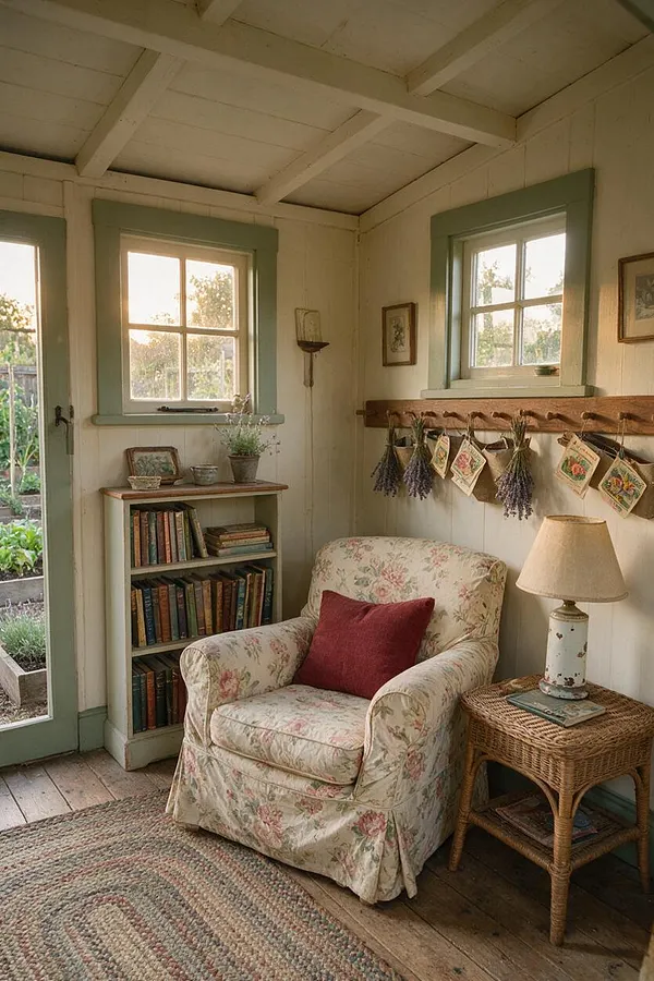 A small backyard cottagecore sitting area with cream-painted wood walls, mint trim around the windows and door, and a rustic plank ceiling. A floral armchair with a burgundy pillow sits beside a wicker side table and lamp, with a bookcase, braided rug, and dried flowers adding a cozy handmade feel.