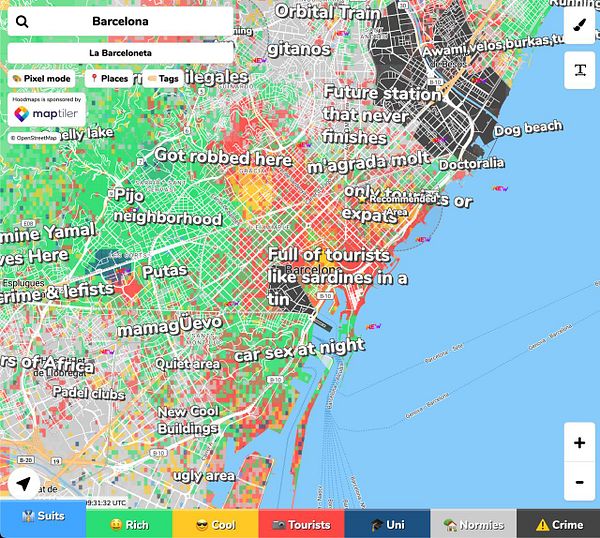 Mobile map interface showing multiple overlapping colored location tags.