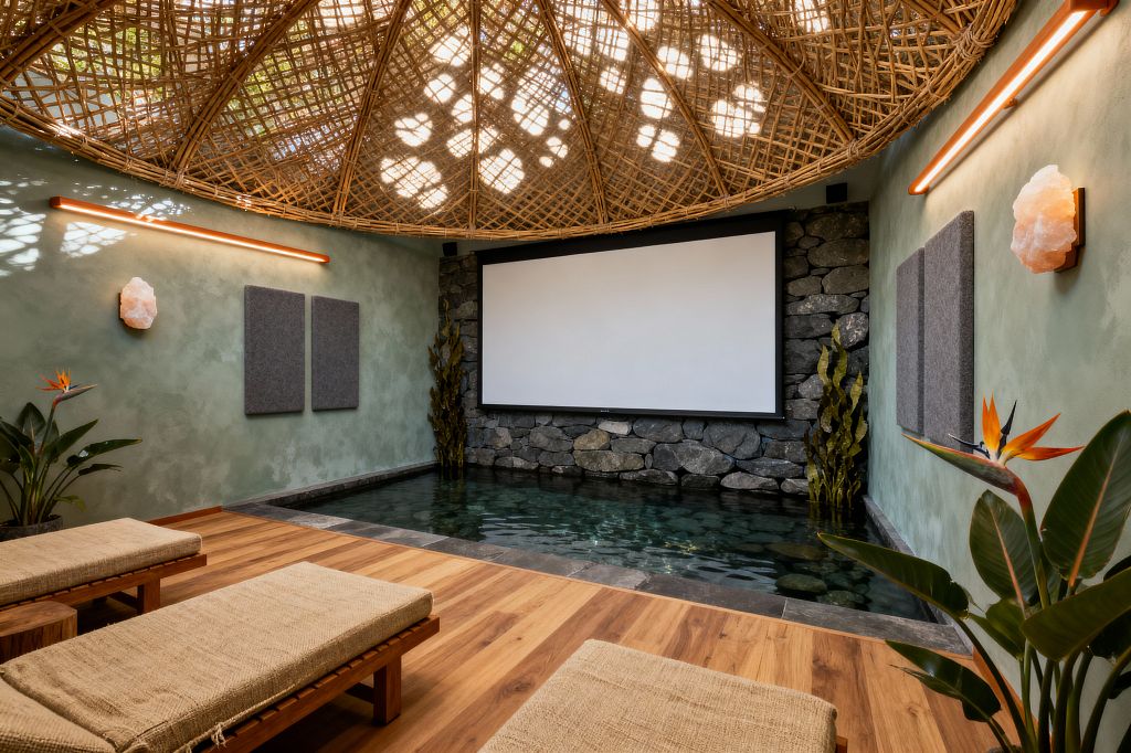 A biophilic media room features a woven rattan dome ceiling that casts dappled light onto sage green plaster walls. A large projection screen above a stacked stone wall fronts a shallow reflecting pool edged in dark slate, with warm linear LEDs, rock-crystal sconces, gray felt acoustic panels, low wooden loungers with woven natural-fiber cushions, wide-plank flooring, and potted bird-of-paradise plants.