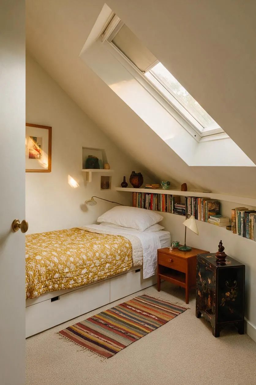 A small attic bedroom with a sloped ceiling and a skylight above a twin bed dressed in white bedding and a mustard floral quilt. Built-in wall shelves hold books and decorative objects, while a striped rug, wooden nightstand, and painted cabinet add layered eclectic charm.