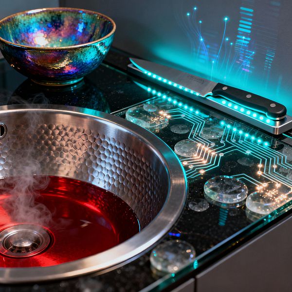 Close-up of a cyberpunk-style kitchen shows a round hammered stainless steel sink filled with steaming red liquid. Next to it, a glossy black counter is capped with tempered glass featuring a glowing circuit-board graphic dotted with clear glass domes. A chef’s knife rests on an LED-lit rail, casting teal light over a sleek backsplash with digital motifs. An iridescent, rainbow-hued bowl sits nearby, highlighting metallic textures and neon accents.