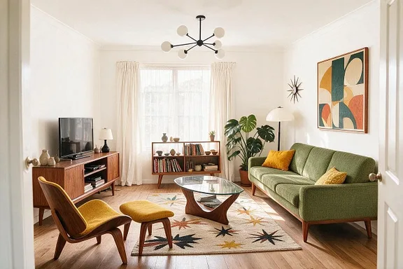 A Mid-Century Modern living room in the Teak and Mustard palette