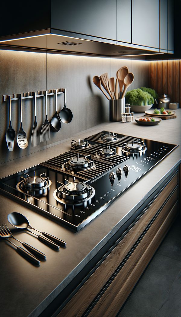 a sleek modern kitchen with a cooktop integrated into the countertop, featuring multiple burners and surrounded by cooking utensils