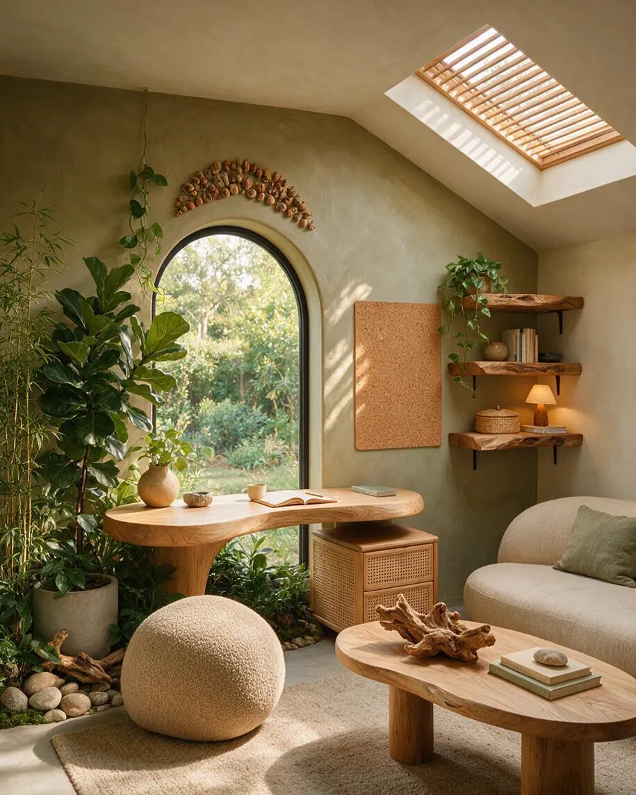 A cozy biophilic backyard room with an arched window opening to lush greenery, a skylight with wooden slats, and natural wood furniture. Potted plants, floating shelves, pebble accents, and soft neutral seating create a calm indoor-outdoor retreat.
