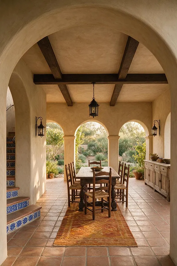 A Mediterranean-style front porch with plaster arches, exposed dark wood ceiling beams, and terracotta tile flooring. The space includes a long rustic wooden table with woven chairs, hanging lanterns, blue patterned stair tiles, a warm patterned runner, and a weathered wood sideboard against the wall.
